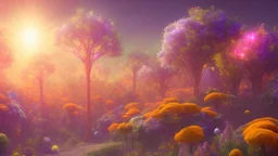 orange and gold crystal cosmic and galactic ambiance hill sky sunny flowers trees futuristic landscape, full of details, smooth, bright sunshine，soft light atmosphere, light effect，vaporwave colorful, concept art, smooth, extremely sharp detail, finely tuned detail, ultra high definition, 8 k, unreal engine 5, ultra sharp focus