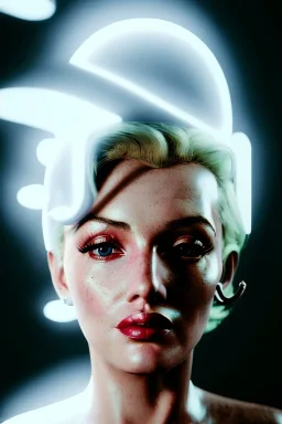 Ultra Realistic image, portrait, blonde woman, sweet Marylin Monroe face, perfect iris, glow eyes, makeup. Retro sci-fi style, helmet, latex coat, fog, rain, soft color, highly detailed, unreal engine 5, ray tracing, RTX, lumen lighting, ultra detail, volumetric lighting, 3d, finely drawn, high definition, high resolution.