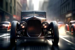 fantasy print illustration of a closeup of screaming hot rod in the middle of a street race on the big city street, hyper photorealistic, hyper detailed dark art color, high resolution, fog, octane render, tilt shift