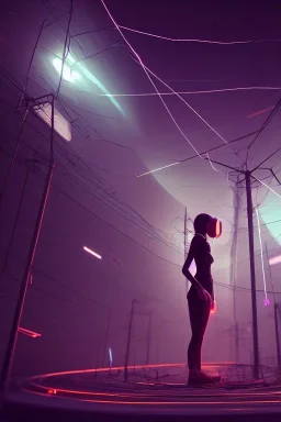 3d, si-fi hunger , far away a girl in the middle, stand on round platform, connected by wires , vr googles, beautifully color coded, super detailed, moody lighting, volumetric lighting, night time