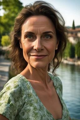 Act like a street photographer. Create a realistic photograph of a small Italian town at Como Lake in late spring with an American plan portrait of a 40-year-old, young look as her age, beautiful, slim Polish woman with brown hair and green eyes. Use a 24 mm lens and a Fuji T30 camera for mild light, warm, golden hour photos from a distance, elegant red dress for a dinner, sensual pose