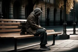 man sitting on a bench in the street, real photography