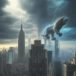 giant lion, destroying downtown New York city, dramatic, dramatic lighting, volumetric lighting, hyperrealism, 8k, high quality, photorealistic, lot of details