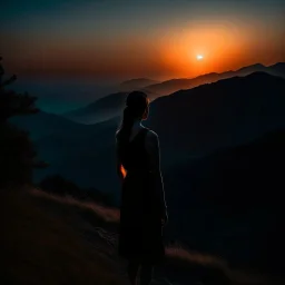 dark night, watching a woman from behind wearing a sleeveless dress who is watching a beautiful orange sunrise in the distance, mountains and forests around