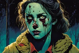 create a hardened, undead teenage Girl Scout, finely defined but decayed facial features, necrotic skin, selling cookies in a suburban neighborhood, in the comic book art style of Mike Mignola, Bill Sienkiewicz and Jean Giraud Moebius, , highly detailed, grainy, gritty textures, , dramatic natural lighting