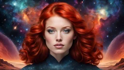 redhead, cool t-shirt, nebula, surrealism art