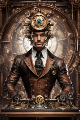 Front view Photography Realistic HD Natural Beauty Steampunk classic full mechanical man as dj player