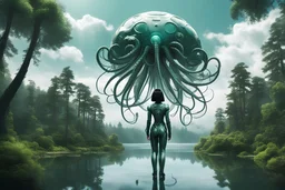 A skinny woman with a black bob hairstyle, in a green and silver robotic suit, standing, looking out over a lake, in an alien forest, with tall narrow cloud trees, with flying dandelion heads with octopus tentacles