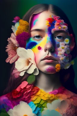 Unreal portrait of a girl whose half of the body is made of flowers of the color of the rainbow