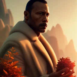 the rock dwayne jhonson portrait , detailed hands, at dawn by atey ghailan, golden light , white robe, holding leaves and flowers , angels background, volumetric light, high detail, red leaf tree, mountains in background, perfect