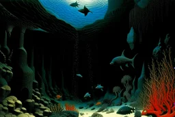 A black underwater abyss with shadow monsters designed in ancient Greek mosaics painted by Max Ernst