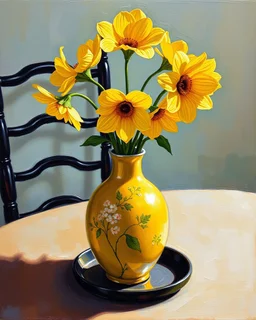 beautiful art print features yellow flowers in a chinoiserie vase sitting on a table, with black ladderback chair in background Modifiers: oil on canvas beautiful dynamic lighting crisp quality colourful acrylic art still life luminism Gustave Klimt style raw beautiful oil on canvas beautiful oil on canvas oil on canvas