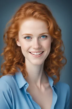 a beautiful high definition crisp portrait of a ginger girl with blue icy eyes smiling, wearing a blue shirt showing cleavage
