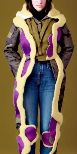 Image shows wholly a Brunette woman. average body type. Mantle is sewed of recycled Denim and sewed together of camouflage pieces. Camouflage colors are orange,terracotta, cream and purple. Cream latex gaiter. More yellow(Munsell)!!!Big bright purple/khaki felt tippet and cream or blue or lilac colored-hood. mantle is merged with satchel. . AKG-style headphones (gold rings!) is merged with small felt cap with small visor. Style: Haute Couture in 1936, Paris fashion in 2023.