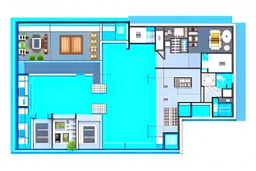 Humanized plan of a modern, single-story residence consisting of 3 bedrooms, 1 suite, a large kitchen, 3 bathrooms, a garage for 2 cars and a modern laundry room.