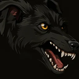 an angry scruffy black terrier on black background, yellow eyes, defined teeth, 30% lighter, vector illustration