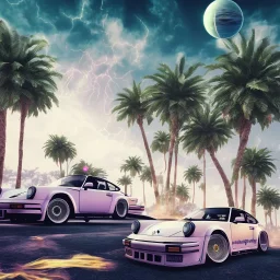 1980's aesthetic vaporwave palm trees and spheres and Porsche with lightning