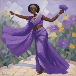 a naive painting of a haitian woman in a purple sari performing the flower dance, with her distinctive hand movements, thick lines, large areas of flat color, la ligne claire by Kupka