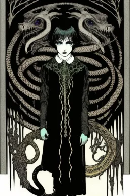 7 year old boy, necromancer, friendly, looks dead,with a lamprey serpent , wearing black robes, in the style of Harry Clarke
