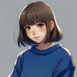 Teenage girl, korean, silky black jaw length with bangs, brown eyes,oval face, cute button nose, soft smile, anime style, blue sweater,