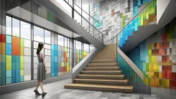 A digital rendering of an interior space featuring a floating staircase and a woman in a dress. The color palette is dominated by shades of gray, with accents of color from the floor tiles and the woman's dress. The staircase is a prominent feature, with steps that appear to be made of a rough, stone-like material. The steps are cantilevered from the wall, creating a floating effect. A simple white railing runs alongside the staircase. The floor is covered in a patchwork of patterned tiles, each