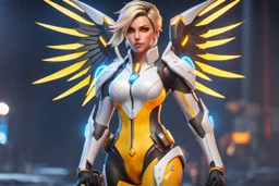 Mercy in 8k realistic cgi drawing style, overwatch them, close picture, rain, neon, intricate details, highly detailed, high details, detailed portrait, masterpiece,ultra detailed, ultra quality
