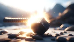Photoreal magnificent war hammer looking like mjolnir but blazing with radiant light lying in the snow, in the style of fantasy movies, shot on Hasselblad h6d-400c, zeiss prime lens, bokeh like f/0.8, tilt-shift lens 8k, high detail, smooth render, unreal engine 5, cinema 4d, HDR, dust effect, vivid colors
