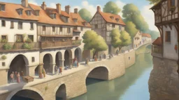 medieval buildings with balconies overhanging a river, blue sky and people, photorealism, trees, foliage, piers, ultra-sharp image, sharp focus