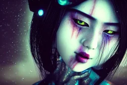 japan head portrait,geisha makeup, meditation, galaxy sky, 8k quality , portrait,beautiful ghost in the shell , post-apocalyptic in a sin city, realistic, intriacte detail, sci-fi fantasy style, volumetric lighting,24mm , particales,highly detailed,cinematic, deep purple , green eyes ., unity engine, bloom,cinematic lighting,blue tone, octane render,