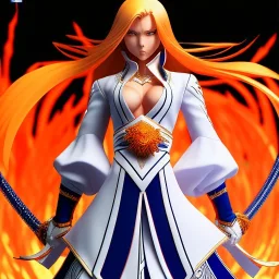 "Girl, Anime, Bleach, shows body to waist, head in frame, Preserve Quality, Preserve face, Preserve eyes, Orange hair, 8k quality by Tite Kubo, Yusuke Murata"