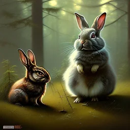 frank frazetta style, cute rabbit in the forest clearing