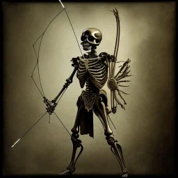 a skeleton archer holding a bow in his hand, steam punk, realistic, made in octane, cinematic, ultra-realistic, extremely detailed octane rendering, 8K, VRAY Super Real ar 2:3, dof photorealistic futuristic 50mm lens hard lighting dark gray tintype photograph, realistic lighting, sepia color