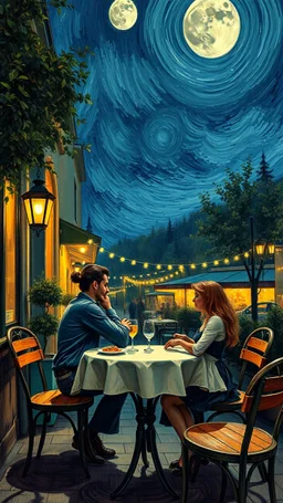 Cafe table outside with at night with dim moon lights in the style of vincent van Gogh, a couple lovers dancing