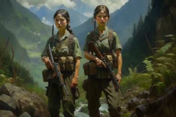 Japanese 1920 oil painting FEDRA from TLOU and the CRM from TWD but as Vietnam men soldiers in the mountains far away from the scenery