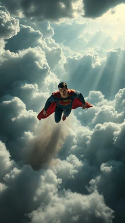 Superman flying above swirling clouds, emerges from the heart of a raging storm. Turbulent winds of steam swirl around the louds lit by shafts of sunlight that cast dramatic shadows on the strong body High quality 16k cinematic scene and great photography