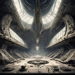 sci-fi large hangar, large area with astronauts, Style by Joan Miro,by Amir Zand, H.R. Giger, design masterpiece, sharp focus, muted colors, smooth, angular, organic
