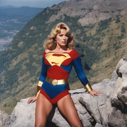 [Jason and the Argonauts (1963)] Stormy Daniels as super woman Bear in a blue costume, on a cliff