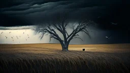 LUMPED HILL CULTIVATED WITH WHEAT WITH A DRY TREE, ON A DARK DAY WITH THREATENING CLOUDS, IN MEDIUM SHOT AND HDR LIGHTING, 4K, SOME CROWS ARE POSTING ON THE TREE AND SOME COWS GRAZE ON THE GROUND, MELANCHOLIC ATMOSPHERE