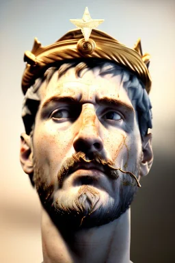 Realistic image, Roman sculpture made in white marble with gold veins, Lionel messi with gold laurel leaves crown, decorative star on the chest, waist up portrait,marble material, gold ornaments, Renaissance style, sun rays background, epic, celestial, cinematic lighting, God lights, 4k resolution, smooth details, soft lighting, unreal engine 5, art station, substance 3d.