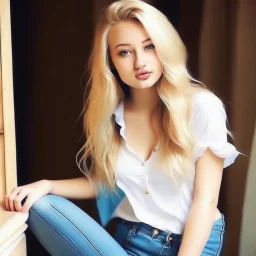 pretty girl, aged 18, blonde, conventionally attractive, dreamy, jeans, sexy, curvy