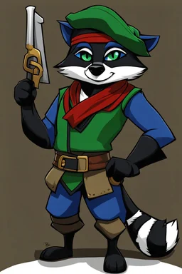 Make a Sly Cooper oc. He is a raccoon with sleek, charcoal-gray fur and emerald-green eyes. He has a sly and mischievous expression, with a black mask-like pattern around his eyes. He wears a tattered, dark blue bandit's outfit with a red sash and a feathered hat that adds to his roguish charm. He also sports a leather pouch at the base of his tail for carrying stolen treasures.