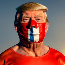 Realistic image of Donald trump wrestler, Mexican wrestling style, Mexican wrestling mask eyes, red and blue breeches, glow us flag dress, suspenders, retro style, 80s, vibrant color, highly detailed, sky background, concept art, unreal engine 5, god rays, ray tracing, RTX, lumen lighting, ultra detail, volumetric lighting, 3d, finely drawn, high definition, high resolution.