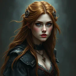 a beautiful fantasy woman, young, ginger hair, rugged, dark fantasy art