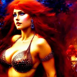 Drawing of beautiful face busty red Sonja, balanciaga fashion clothe painting by gaston bussiere, greg rutkowski, yoji shinkawa, yoshitaka amano, tsutomu nihei, donato giancola, tim hildebrandt, oil on canvas, cinematic composition, extreme detail,fit full head inside picture,16k