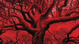 red tree, highly detailed, beautiful desktop wallpaper, comic style, many human faces on tree