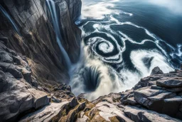 at the base of the rocky mountain peninsula, a great whirlpool waterfalls into deeper unknown depths