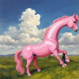 Big pink plastic toy horse.19th painting