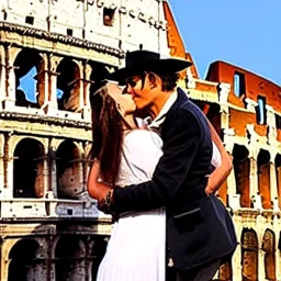 johnny depp as indiana jones kissing a model in ancient rome, near the colosseum