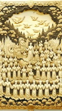 An ivory colored heavenly field with angels painted by Qiu Ying