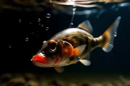 Ein Fisch betrachtet unter Wasser einen Kunstköder mit Haken und steht kurz vor dem Biss.